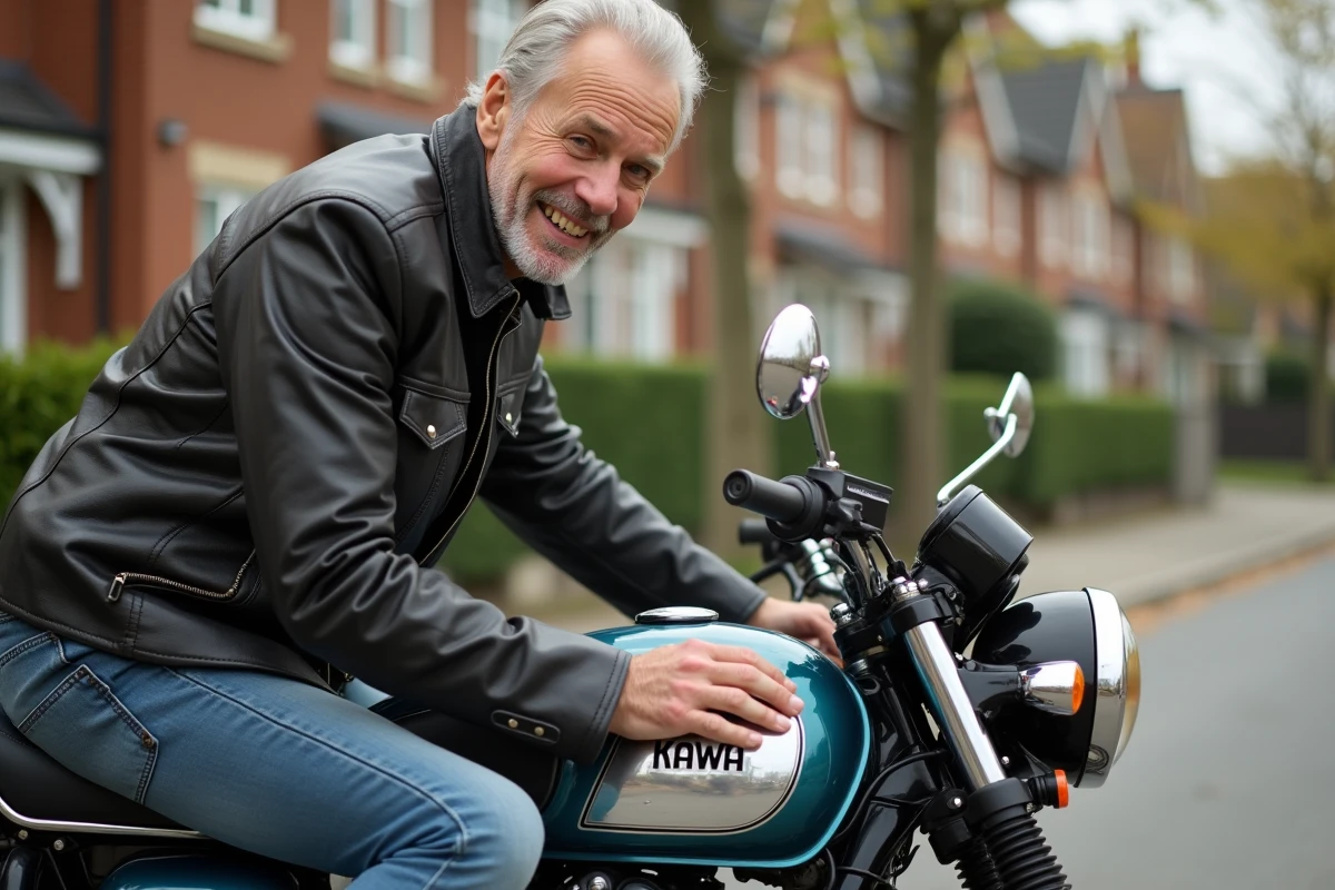 Homme souriant inspectant une moto Kawa KZ 400 vintage