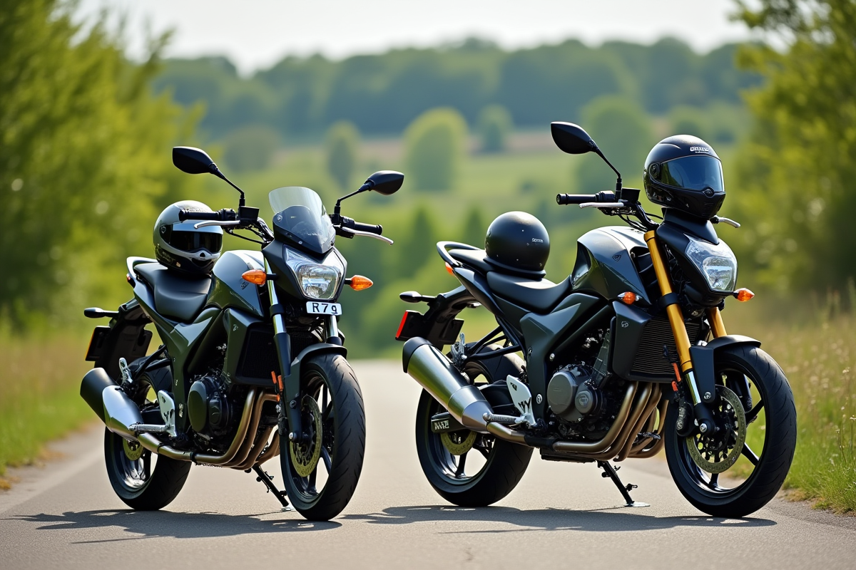 Deux motos garées sur une route ensoleillée avec campagne verte
