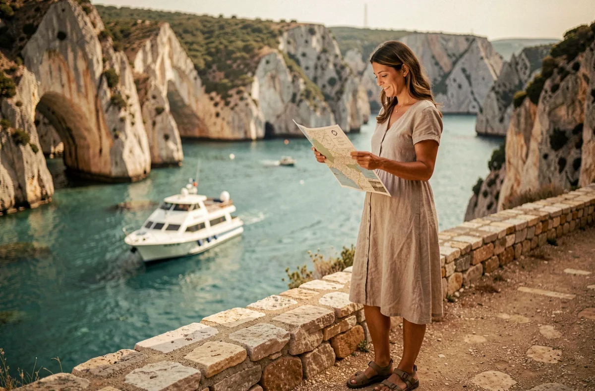 Femme consultant une carte des navettes maritimes pour rejoindre Carry-le-Rouet sans voiture depuis les calanques