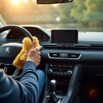Personne nettoyant l'intérieur d'une Peugeot 308 GT Line moderne