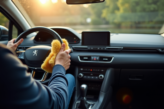 Personne nettoyant l'intérieur d'une Peugeot 308 GT Line moderne