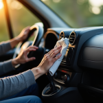 Personne nettoyant le tableau de bord du Peugeot Partner Tepee