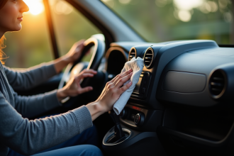 Personne nettoyant le tableau de bord du Peugeot Partner Tepee