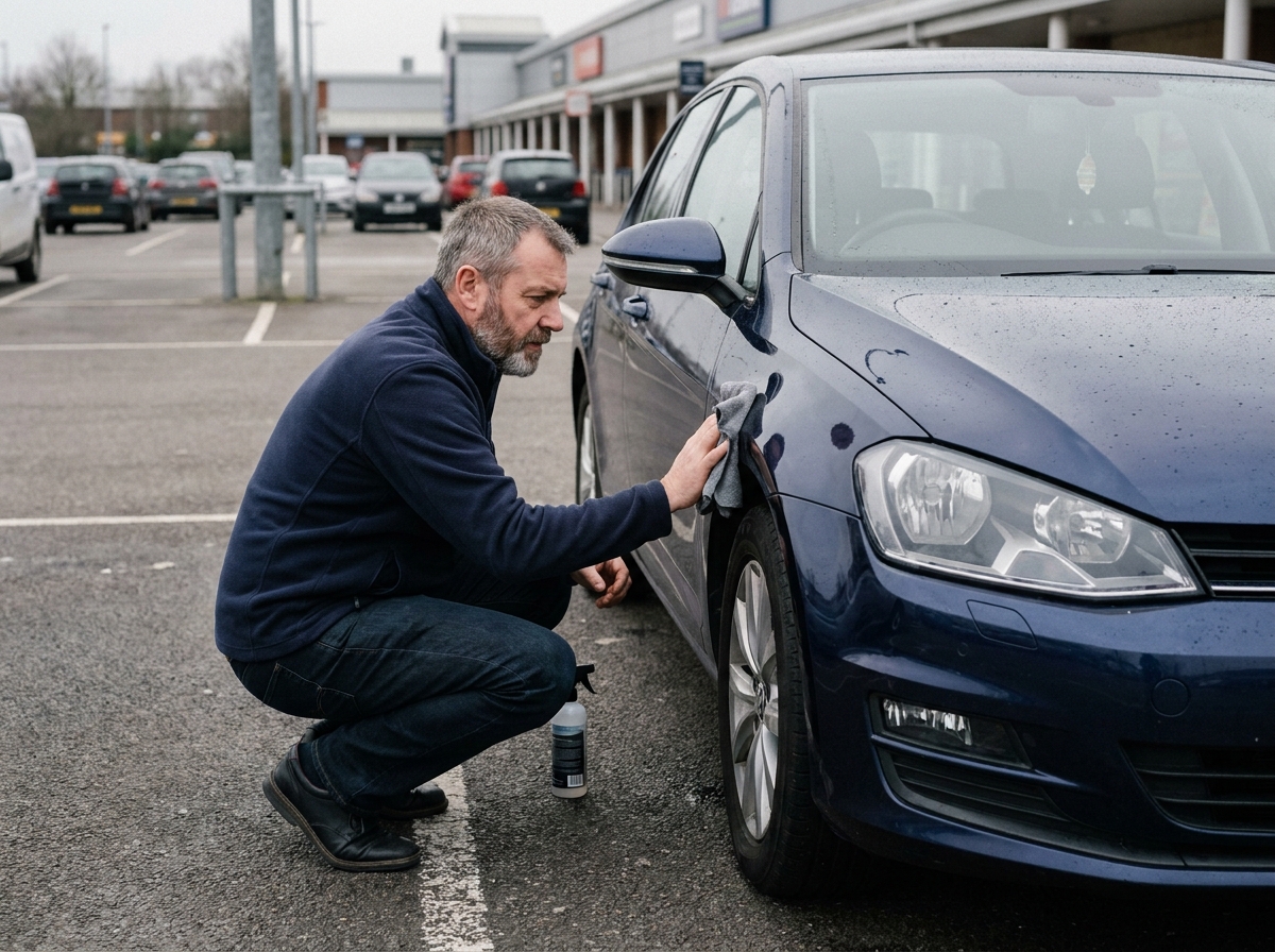 Propriétaire nettoyant sa voiture avant de la mettre en vente pour en améliorer la présentation