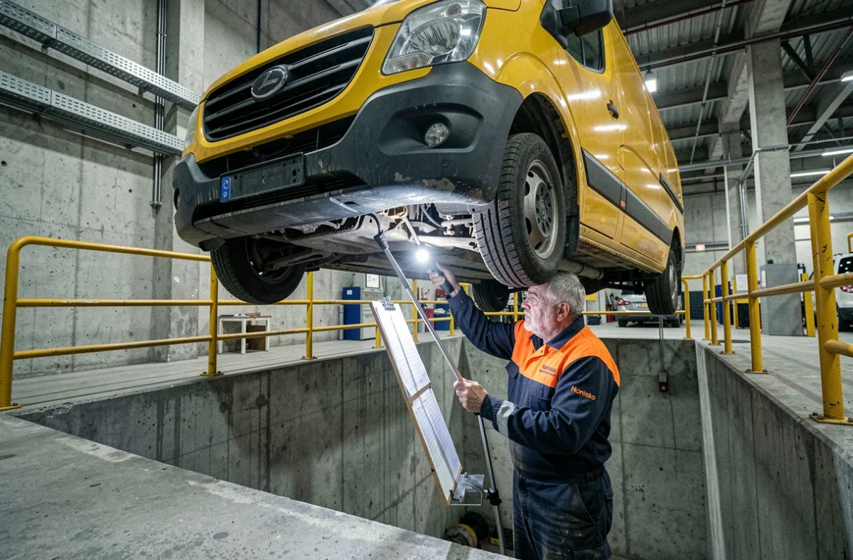 Inspecteur Norisko Dunkerque contrôlant la suspension d'un utilitaire jaune depuis une fosse d'inspection