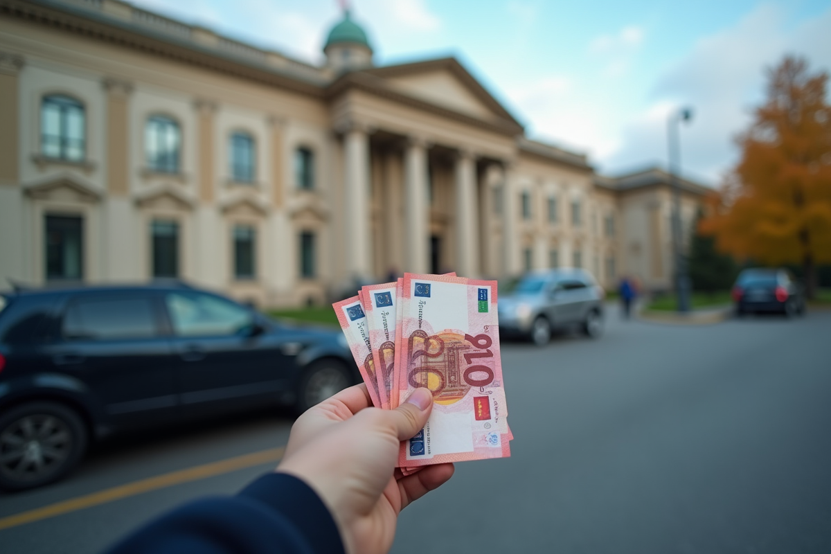 Main tenant des billets d euros devant une voiture garée