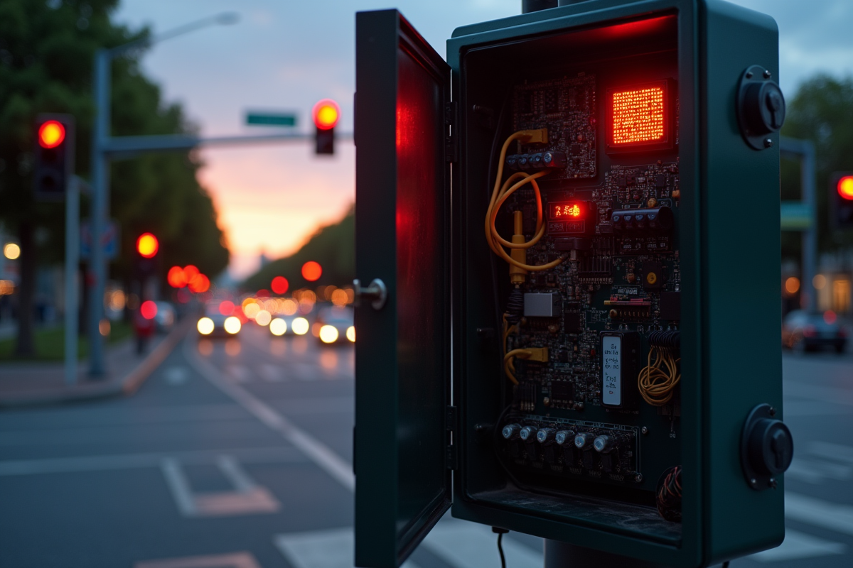 Panneau de controle de feu tricolore avec fils et circuits ouverts