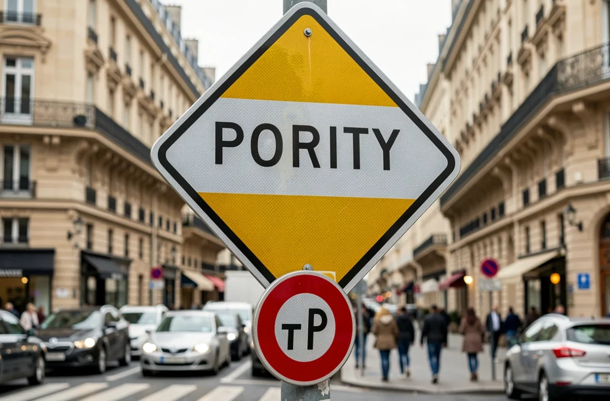 Gros plan sur un panneau losange de priorité et son panneau de fin de priorité en milieu urbain français