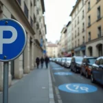 Panneau zone bleue de stationnement en ville avec marquage au sol et voitures garées en arrière-plan