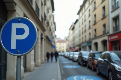 Panneau zone bleue de stationnement en ville avec marquage au sol et voitures garées en arrière-plan