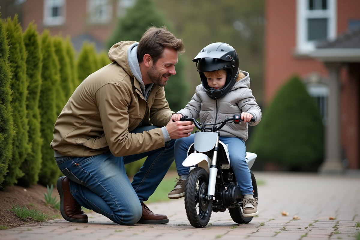 Père aidant sa fille à ajuster son casque sur une moto neuve