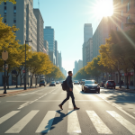 Passant prêt à traverser un passage piéton urbain ensoleillé