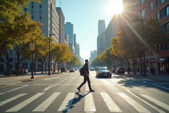 Passant prêt à traverser un passage piéton urbain ensoleillé