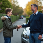 Pere donnant les clés de voiture a son fils adolescent
