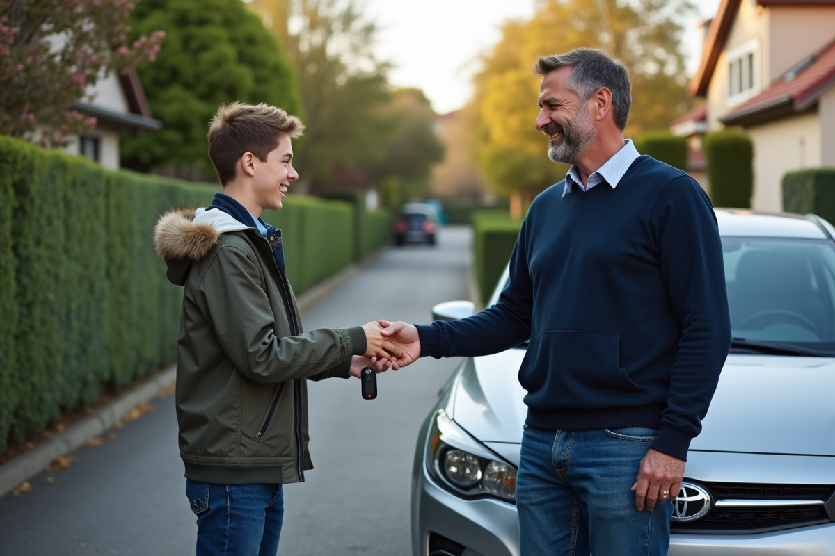 Pere donnant les clés de voiture a son fils adolescent