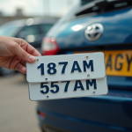 Personne tenant des plaques d'immatriculation devant une voiture d'occasion