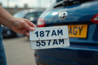 Personne tenant des plaques d'immatriculation devant une voiture d'occasion