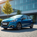 Peugeot 208 garée devant un bâtiment moderne en plein jour