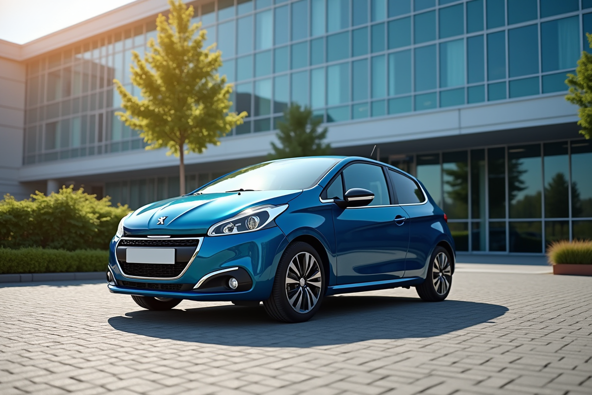 Peugeot 208 garée devant un bâtiment moderne en plein jour