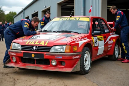 Peugeot 306 Maxi version rallye en parc d'assistance sur terrain de gravier entourée de mécaniciens