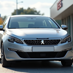 Voiture Peugeot 408 argentée en concession en plein soleil