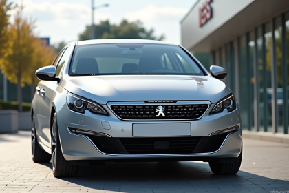 Voiture Peugeot 408 argentée en concession en plein soleil