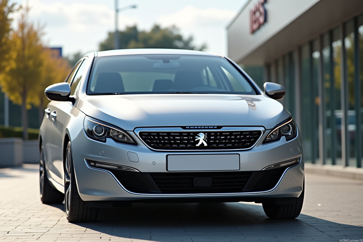 Voiture Peugeot 408 argentée en concession en plein soleil