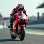 Pilote professionnel en combinaison de cuir sur une moto de piste ultra-puissante en position aérodynamique sur un circuit de course