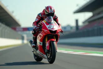 Pilote professionnel en combinaison de cuir sur une moto de piste ultra-puissante en position aérodynamique sur un circuit de course