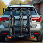 Porte-vélo attelage 4 vélos avec VAE chargés sur un SUV dans une allée résidentielle