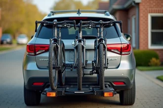 Porte-vélo attelage 4 vélos avec VAE chargés sur un SUV dans une allée résidentielle