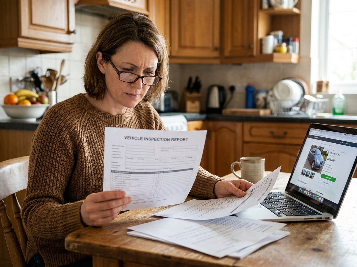 Femme préparant les documents administratifs pour la vente de sa voiture à domicile