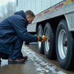 Homme vérifiant la pression d'un pneu de remorque en hiver avec un manomètre