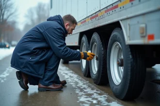 Homme vérifiant la pression d'un pneu de remorque en hiver avec un manomètre