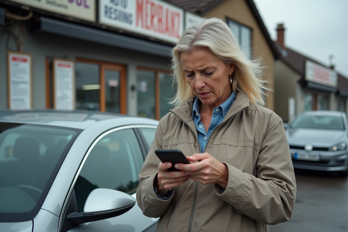 Propriétaire d'une Volkswagen Passat TDI 105 consultant son téléphone devant un garage automobile