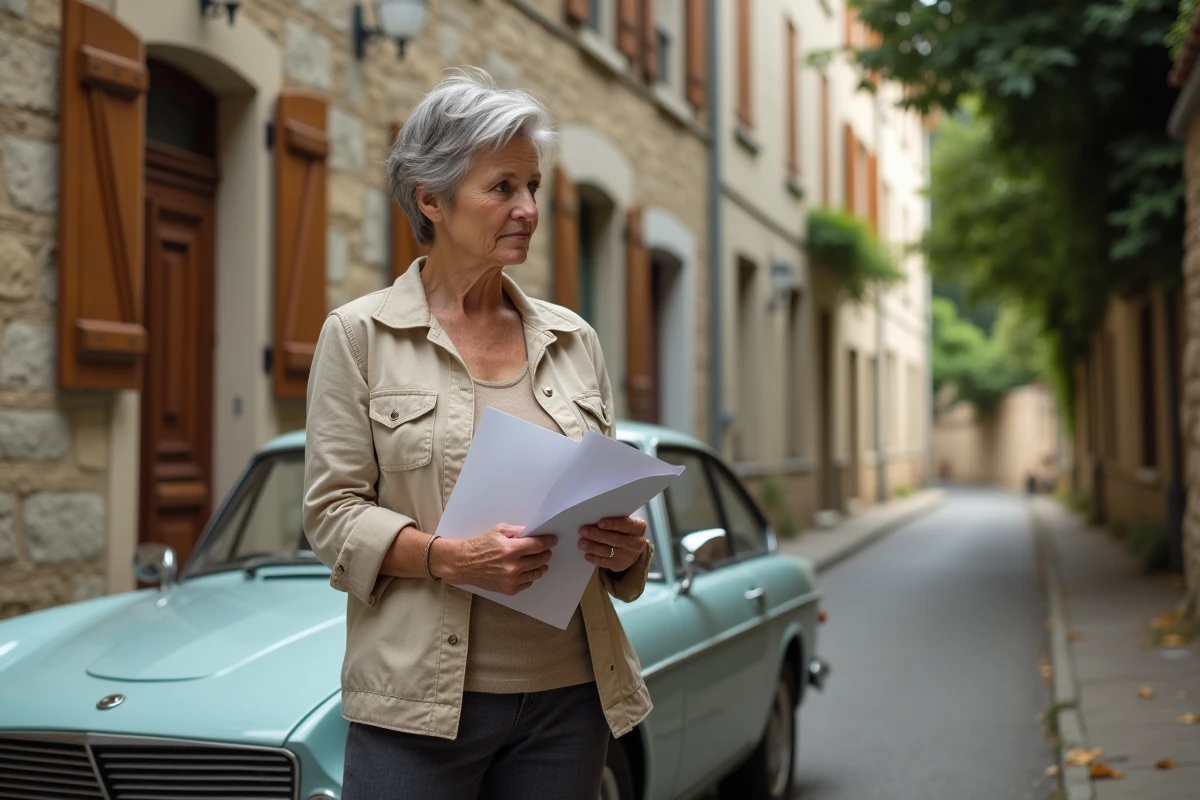 Propriétaire de voiture ancienne tenant des documents administratifs devant son véhicule dans un village français