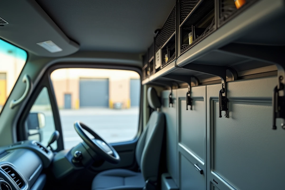 Rangements muraux légers en polypropylène et filet de stockage installés dans l'habitacle d'un Renault Master pour réduire la charge utile