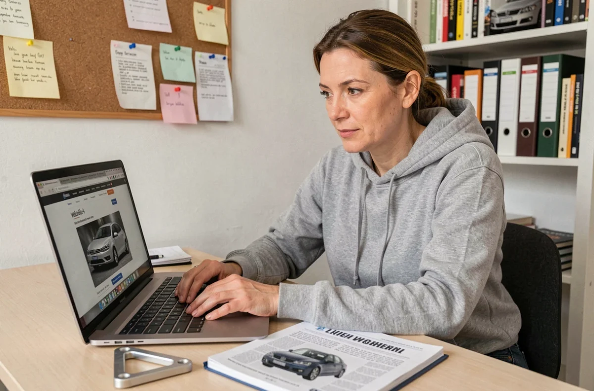 Femme recherchant des pièces triangle Golf 4 pas cher sur internet depuis son bureau à domicile