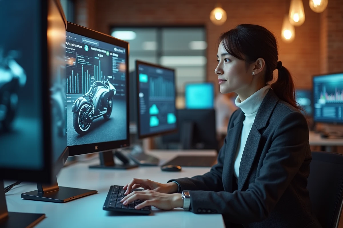 Journaliste spécialisée automobile et moto travaillant dans une rédaction moderne avec interfaces numériques en 2026