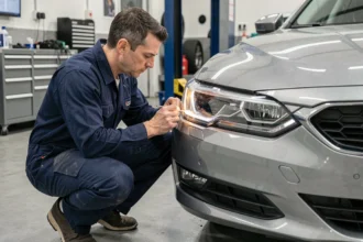 Technicien automobile réglant un phare de voiture dans un garage professionnel avec un tournevis