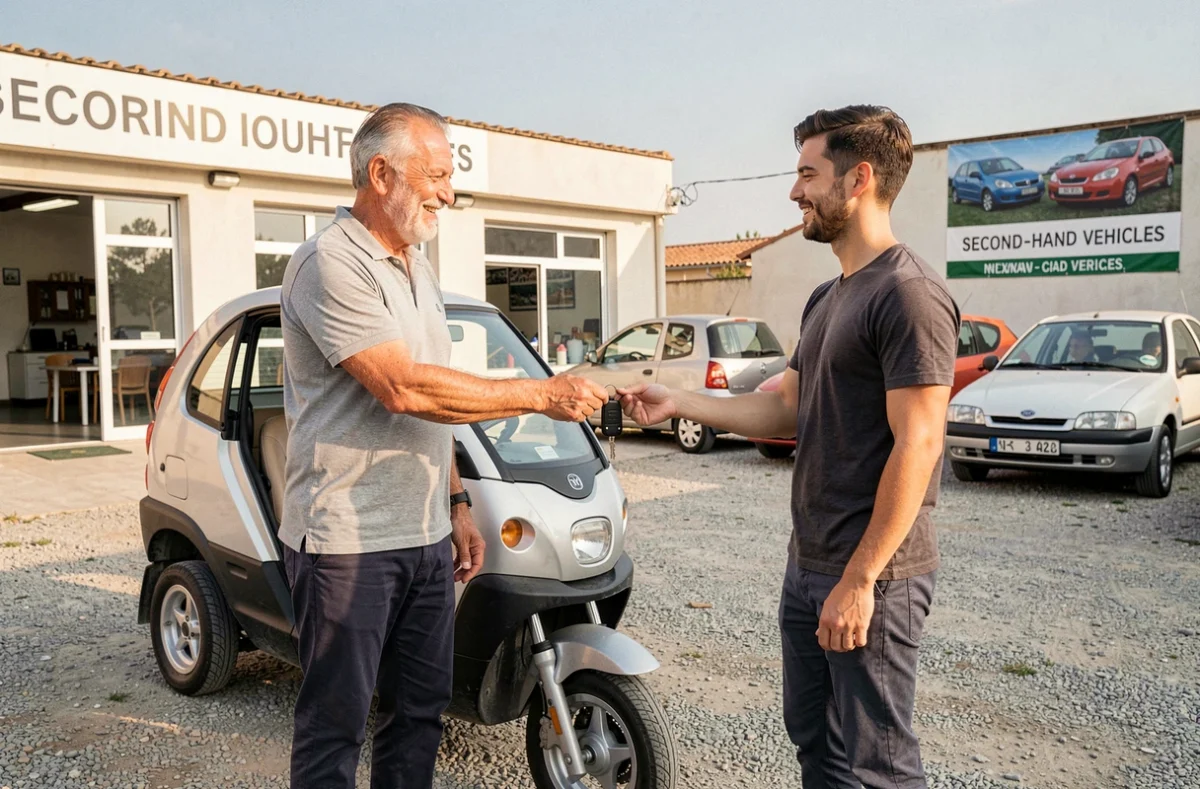 Un vendeur remet les clés d'une voiture sans permis d'occasion à un acheteur dans une concession automobile de Montauban