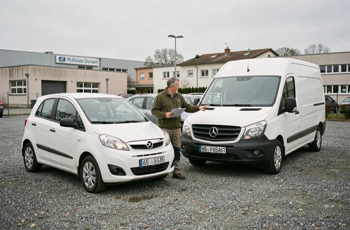 Agent de Rent A Car Mulhouse Dornach entre une voiture et un utilitaire blanc dans un parking de location