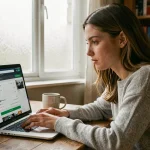Jeune femme consultant les résultats de son permis de conduire sur un ordinateur portable à domicile