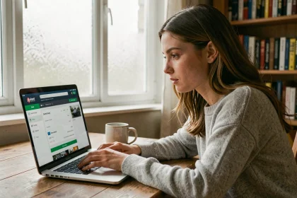Jeune femme consultant les résultats de son permis de conduire sur un ordinateur portable à domicile