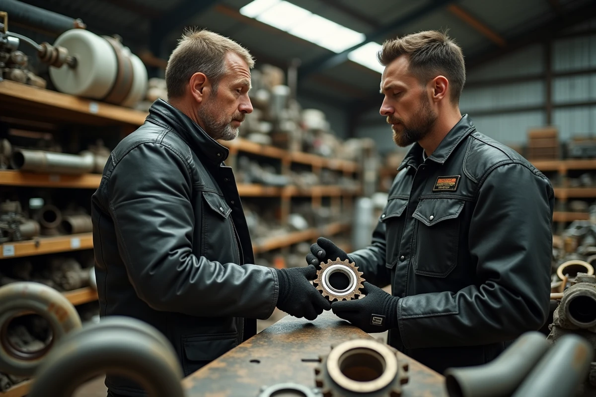 Client retournant une pièce moto incorrecte au comptoir d'un casse-moto avec un employé