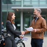 Homme et femme serrant la main devant une moto en ville