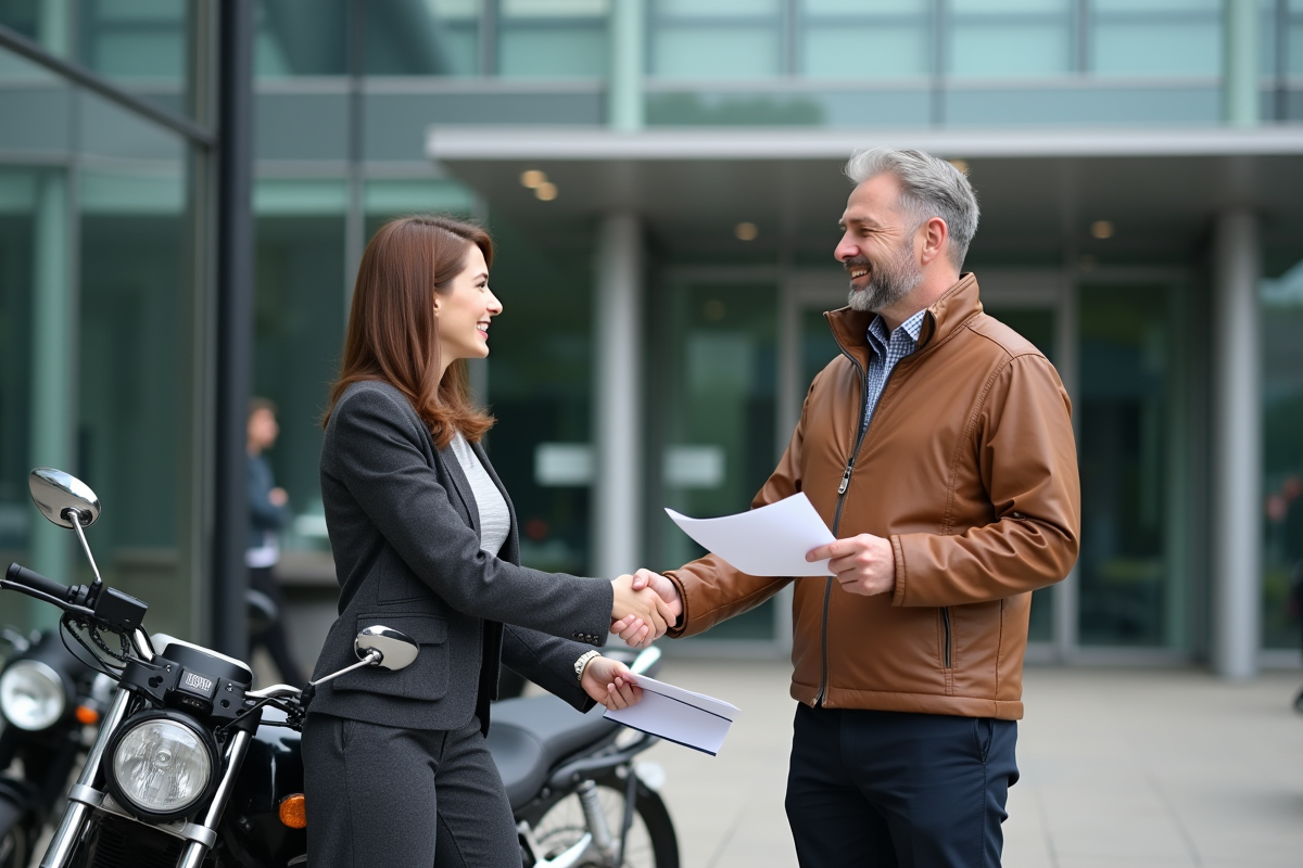 Homme et femme serrant la main devant une moto en ville