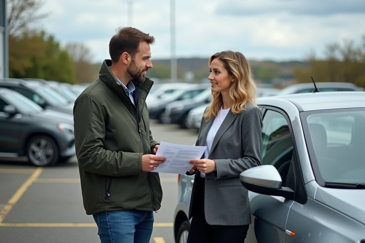 Négociation de revente d'un véhicule diesel dCi entre un propriétaire et une vendeuse dans un parc automobile