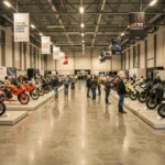 Vue panoramique du salon du 2 roues de Lyon avec des motos exposées sur des podiums et des visiteurs en train de les admirer