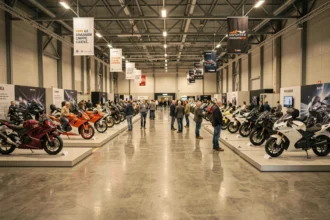 Vue panoramique du salon du 2 roues de Lyon avec des motos exposées sur des podiums et des visiteurs en train de les admirer